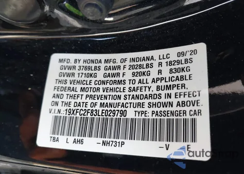 2020 Honda Civic Sport из США, поврежденный, VIN 19XFC2F83LE029790